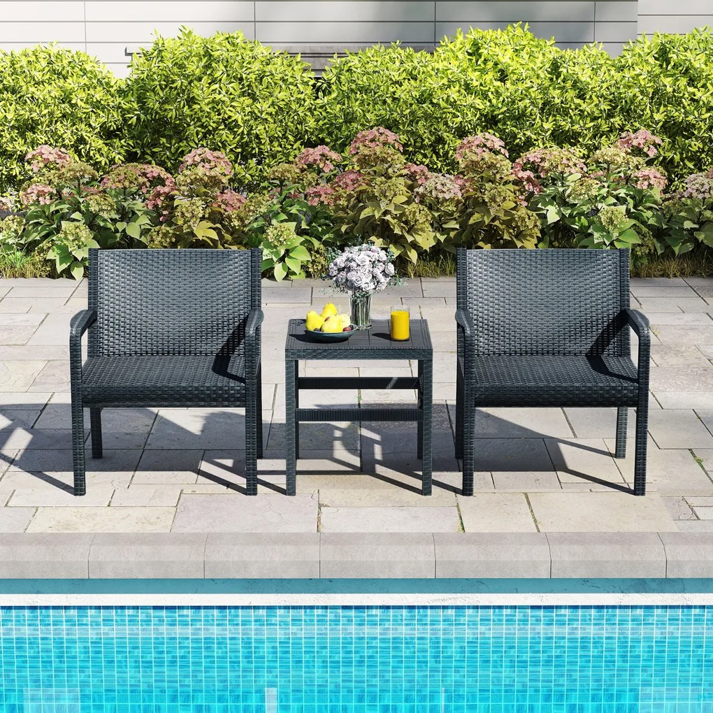 Conjunto de móveis de jardim de 3 peças com 2 cadeiras de rattan e mesa auxiliar de rattan PP Cinzento