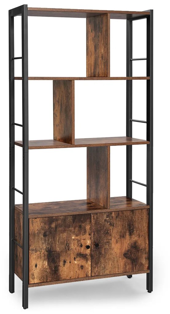 Estante de livros com portas, 4 prateleiras e estrutura de aço | VASAGLE | 74 x 30 x 154,5 cm | marrom rústico e preto | LBC022B01.
