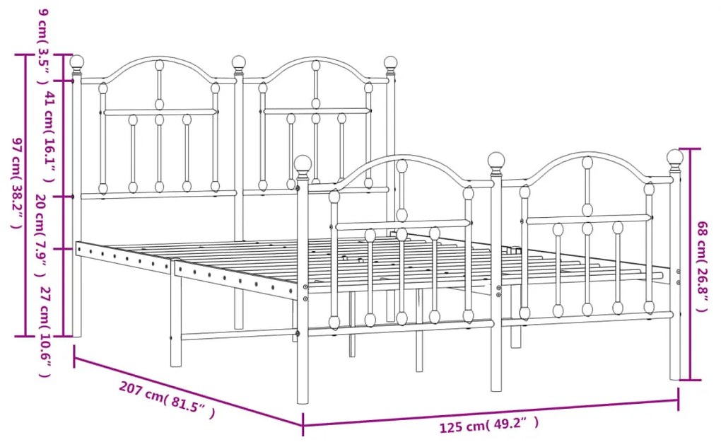 Estrutura de cama com cabeceira e pés 120x200 cm metal branco