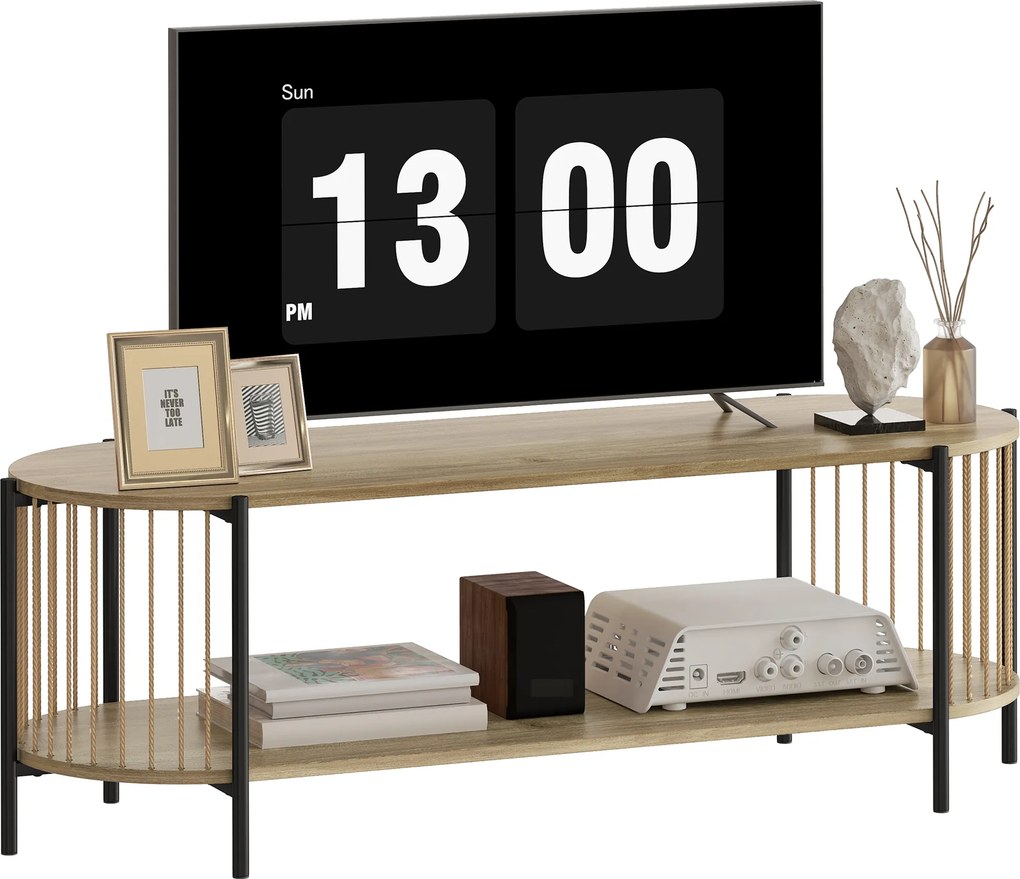 Móvel de TV Estilo Boémio Móvel de TV até 55 Polegadas com Detalhes em Corda de Papel e 2 Prateleiras Abertas 124x43,5x41 cm Madeira