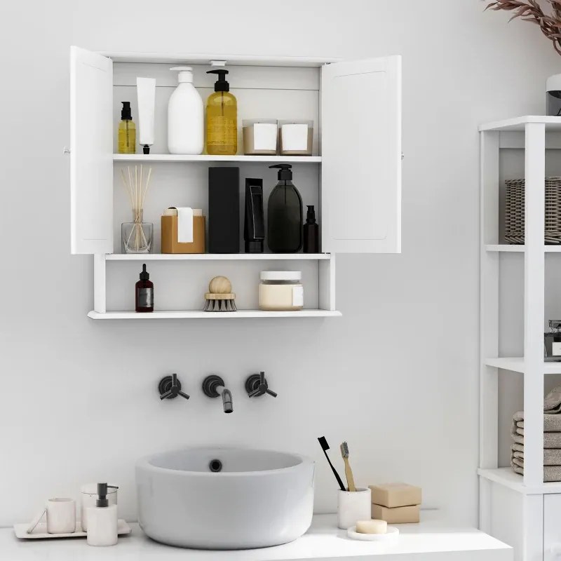 Armário de casa banho com parede de espelho com 2 portas 3 níveis de armazenamento de parede 56x13x58cm Branco