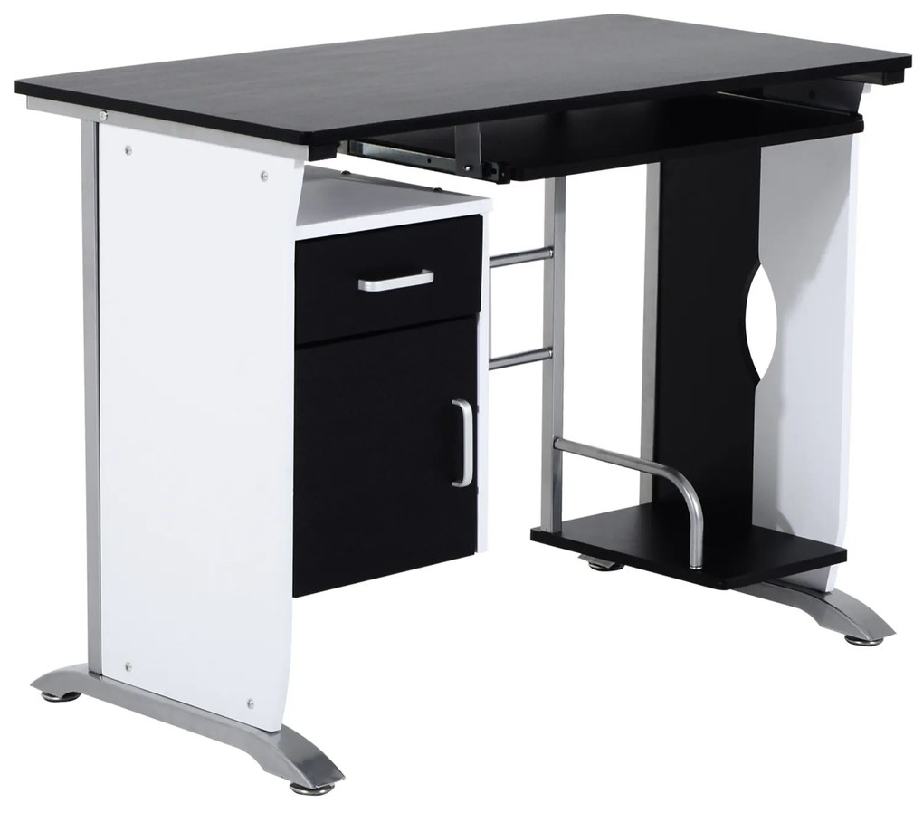 HOMCOM Mesa para Computador com Gaveta Armário e Suporte para CPU Secretária para Escritório 100x52x75cm  Preto e Branco