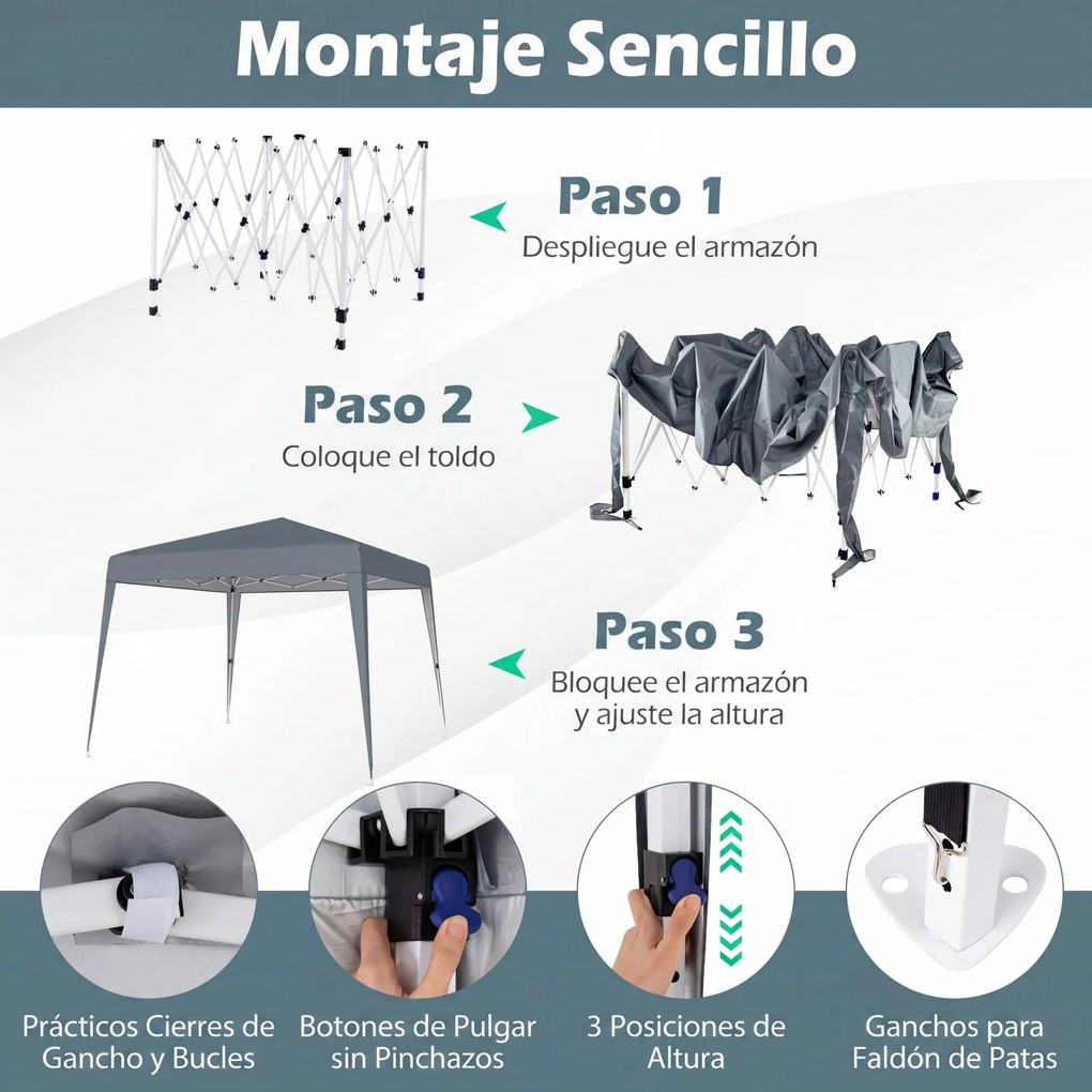 Tenda de Jardim Dobrável, 300 x 300 x 247-267 cm, Altura Regulável com 4 sacos pesos, Cinzento