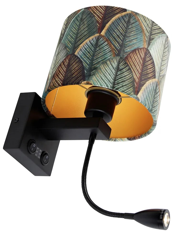 Candeeiro de Parede Preto com Abajur de Veludo, Design Folha e Interior Dourado - Brescia Combi