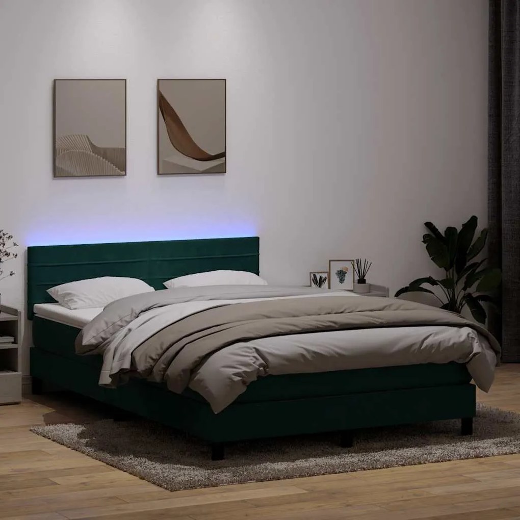 vidaXL Cama box spring c/ colchão e LED 160x210 cm veludo verde escuro