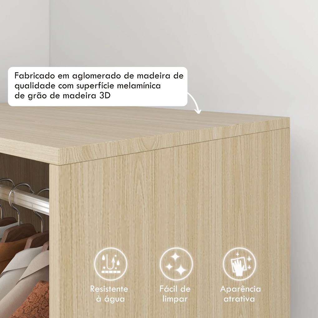 Guarda roupa de Madeira Móvel Armário Roupeiro Aberto com Barra para Pendurar e Prateleiras Organizadoras 60x40x128 cm Madeira