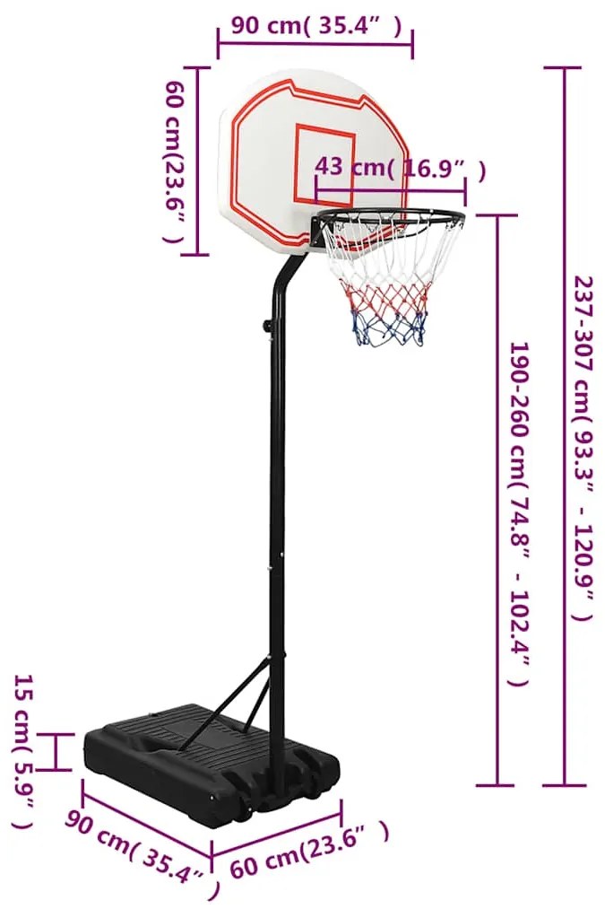 Tabela de basquetebol 237-307 cm polietileno branco