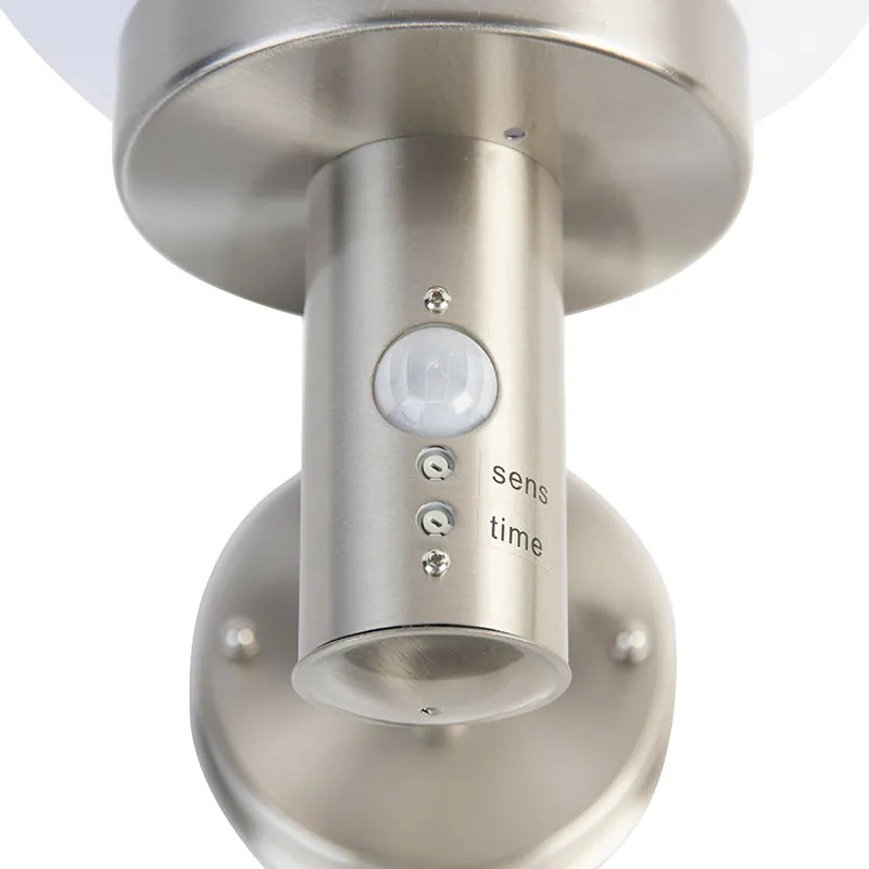 Candeeiro de Parede Exterior Aço Inoxidável IP44 com Sensor de Movimento e Globo de Plástico - Sfera