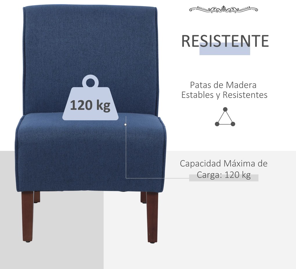 HOMCOM Poltrona de jantar Sala de estar sem braços Cadeira individual com assento acolchoado e pernas de madeira 57x76x83,5 cm Azul