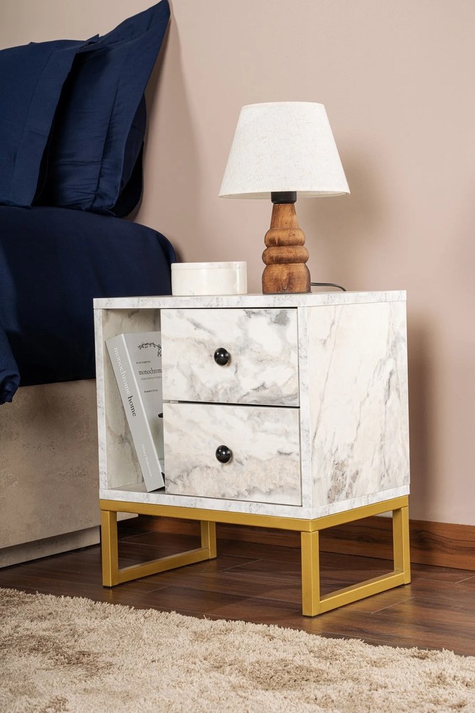 Mesa de Cabeceira Glimmer - Freesia Marble Gold - 45,2cm x 50cm x 29,5