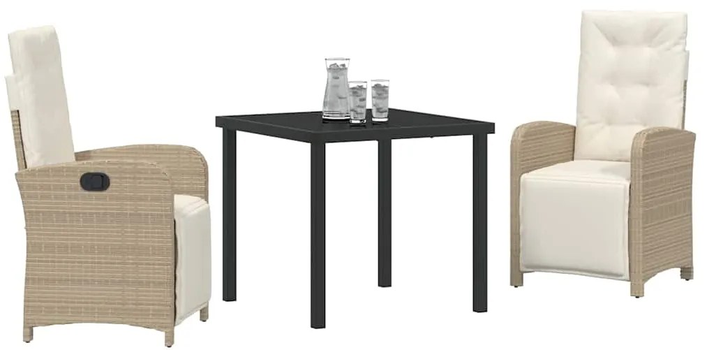 Conjunto de Jantar para Jardim 3 peças com Almofadas Beives em Rattan