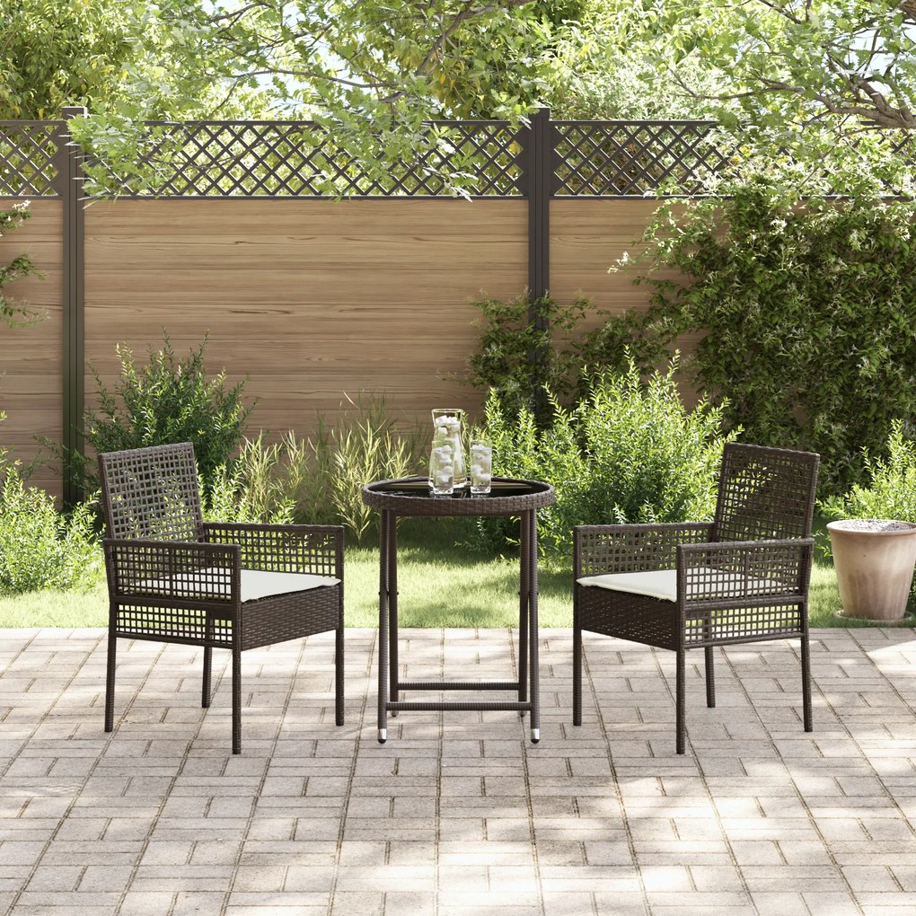 Conjunto de Bistro de Jardim 3 Peças com Almofadas Castanho em Rattan