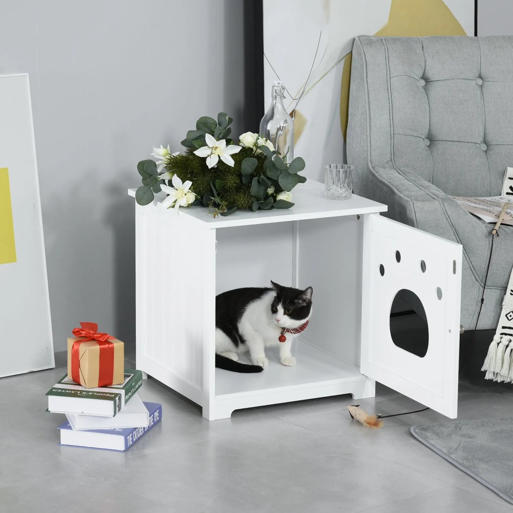 Casa para Gatos de Madeira Caixa de Areia para Gatos com Porta e Entrada em Forma de Garra para Descansar 48x51x51cm Branco
