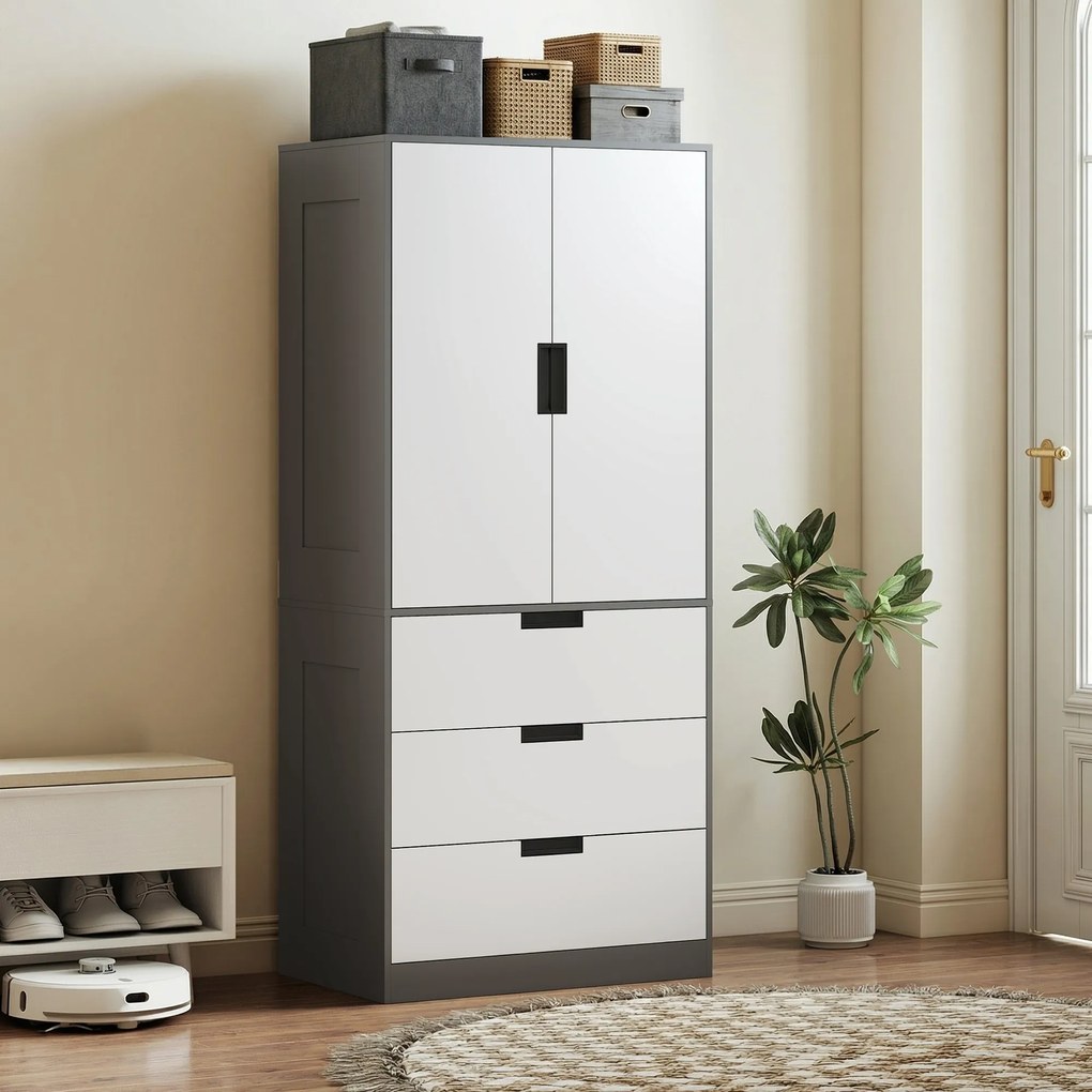 Guarda roupa de quarto 80 x 50 x 180 cm com 2 portas com fecho suave, 3 gavetas e barra para pendurar roupa, , cinzento e branco