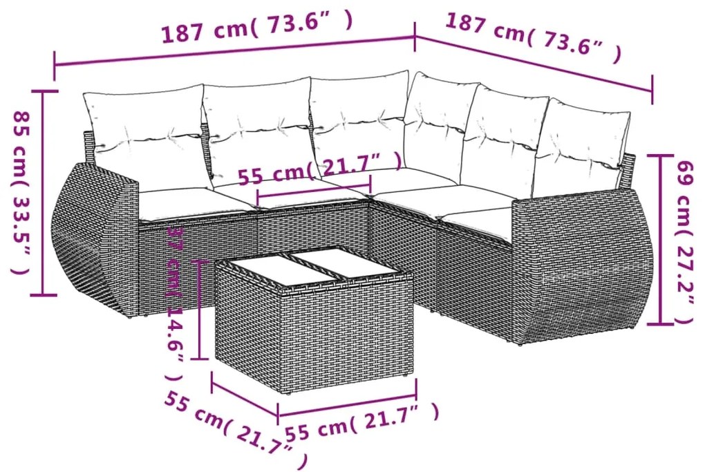6 pcs conjunto de sofás p/ jardim com almofadões vime PE bege