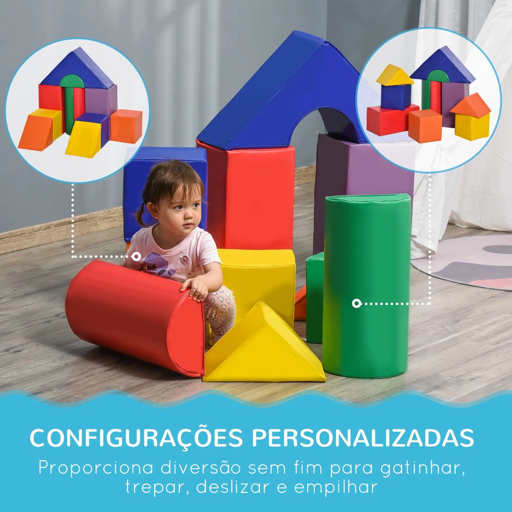 HOMCOM Conjunto de 11 Blocos de Espuma para Crianças Blocos de Contrução Brinquedo de Aprendizagem para Crianças 1-3 Anos 50x50x25 cm Multicor