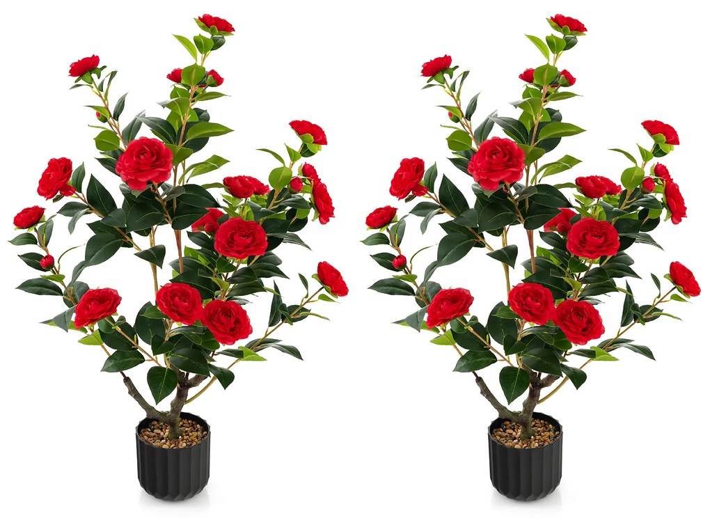 Camélia artificial de 38 polegadas, planta com flores artificiais em vaso de cimento, pacote com 2 - branco