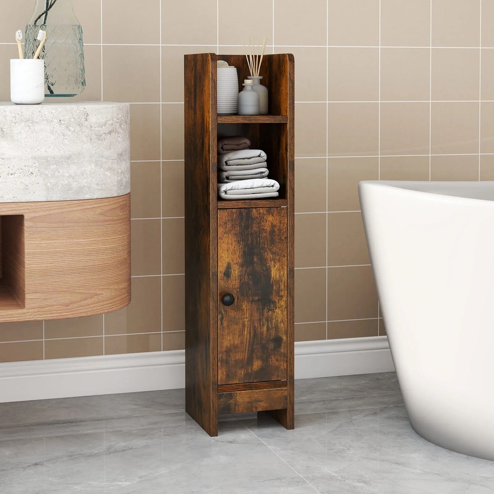 Conjunto de 2 armários de casa de banho 20 cm x 18 cm x 80 cm com porta e estantes ajustáveis, suporte para papel higiénico e organizador para casa de
