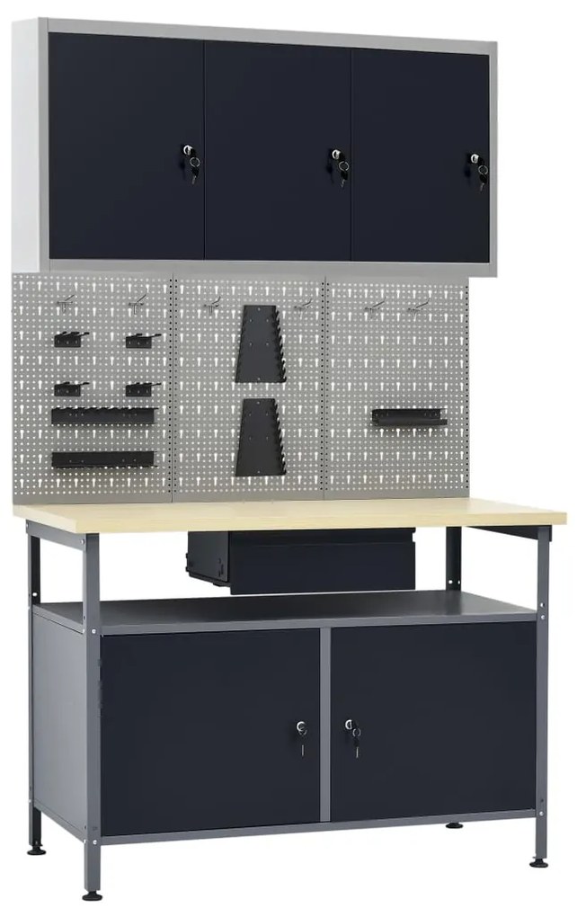 3053437 vidaXL Bancada de trabalho com três painéis de parede e um armário