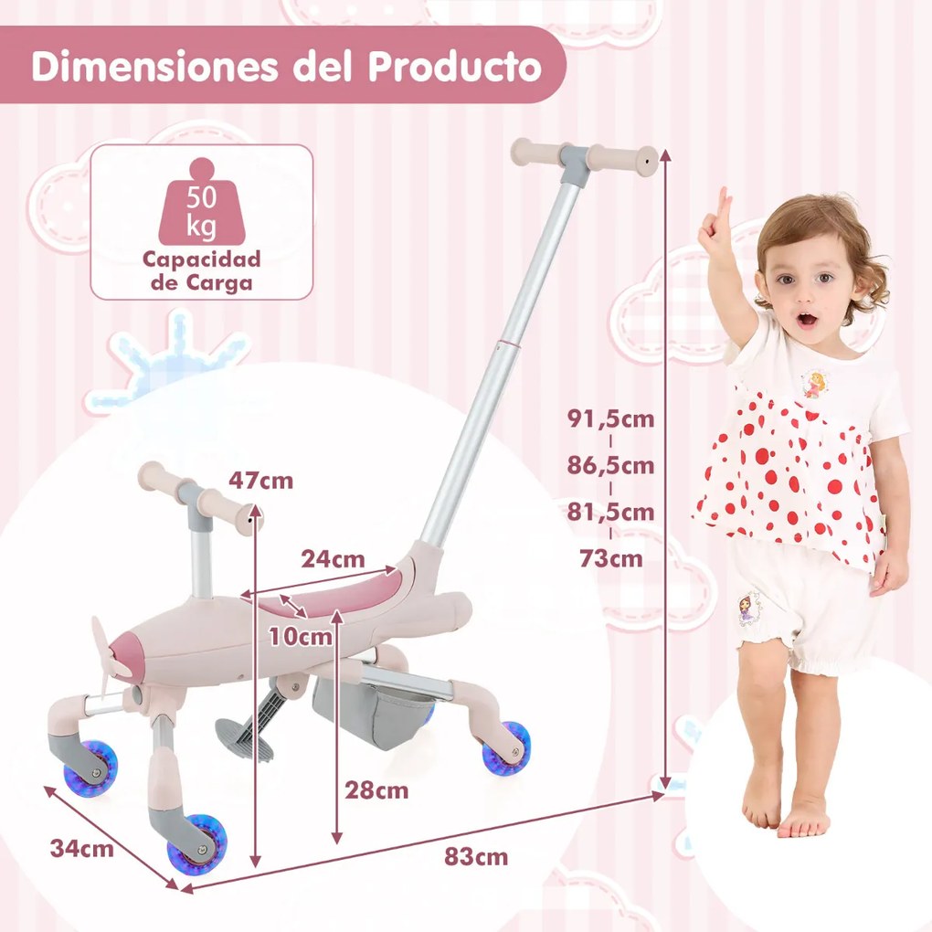 Carrinho de bebé 2 em 1 com tema de avião, rodas iluminadas por LED, pega amovível, apoio para os pés dobrável e ajustável para crianças dos 18 aos 70