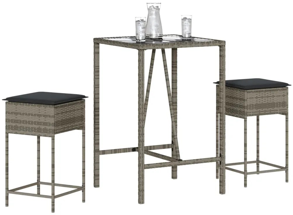 3 pcs conjunto de bar p/ jardim c/ almofadões vime PE cinzento