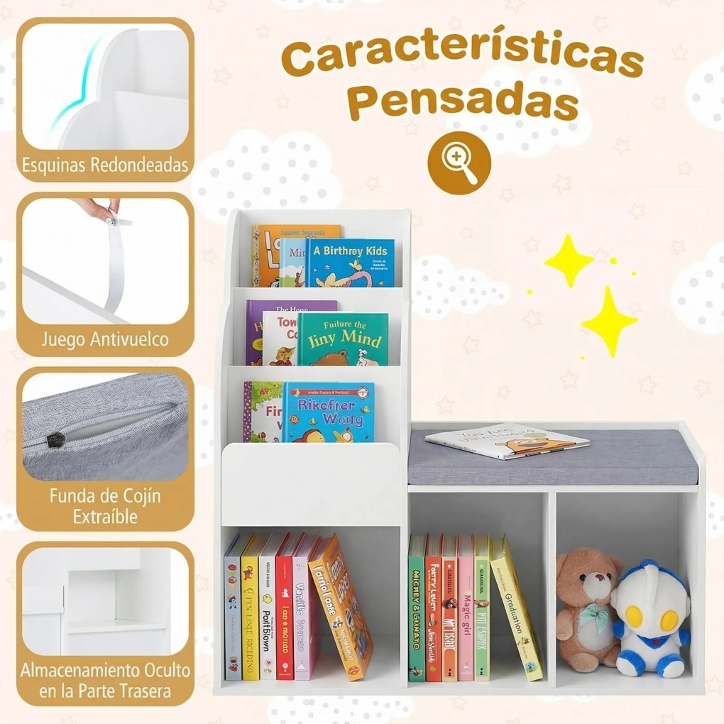 Estante infantil com banco de 3 níveis 80 x 29,5 x 81,5 cm, 3 compartimentos abertos e almofada de assento para quarto ou sala de jogos - Branco