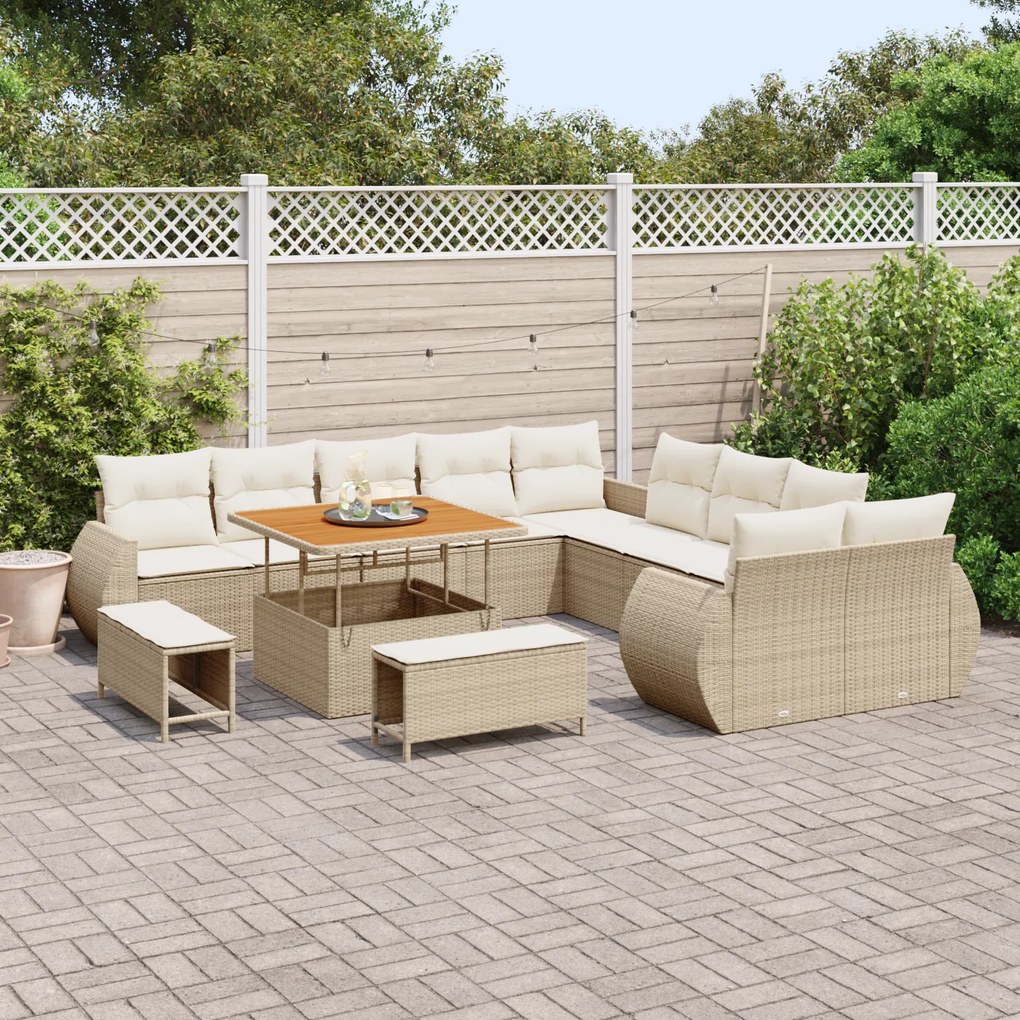 Conjunto de Sofá de Jardim de 13 Peças com Almofadas Bege Rattan Polié