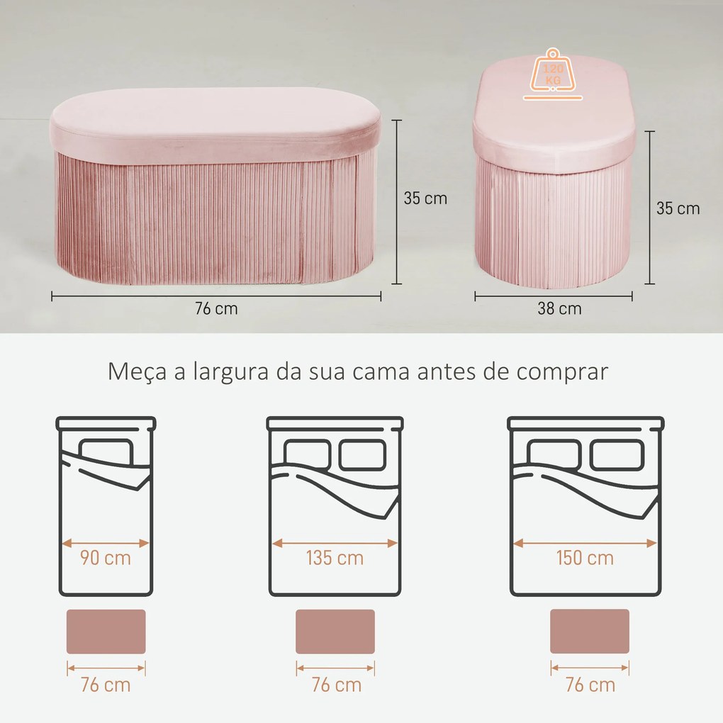 Puff de Arrumação Banco de Arrumação Dobrável 72 L 76x38x35 cm Estofado em Veludo Baú de Armazenamento Rosa