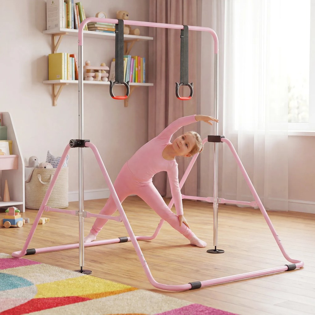 Barra de Ginástica para Crianças, 111,5 x 144,5 x 132 cm, Ajustável em 4 Níveis de Altura, Cor-de-rosa