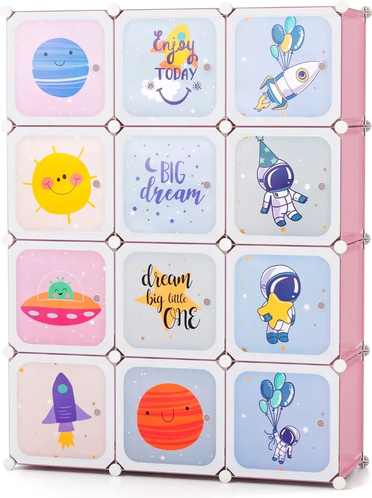 Guarda roupa Infantil de 12 Cubos para Bebéscom 2 secções para pendurar 107 x 36 x 142 cm Rosa