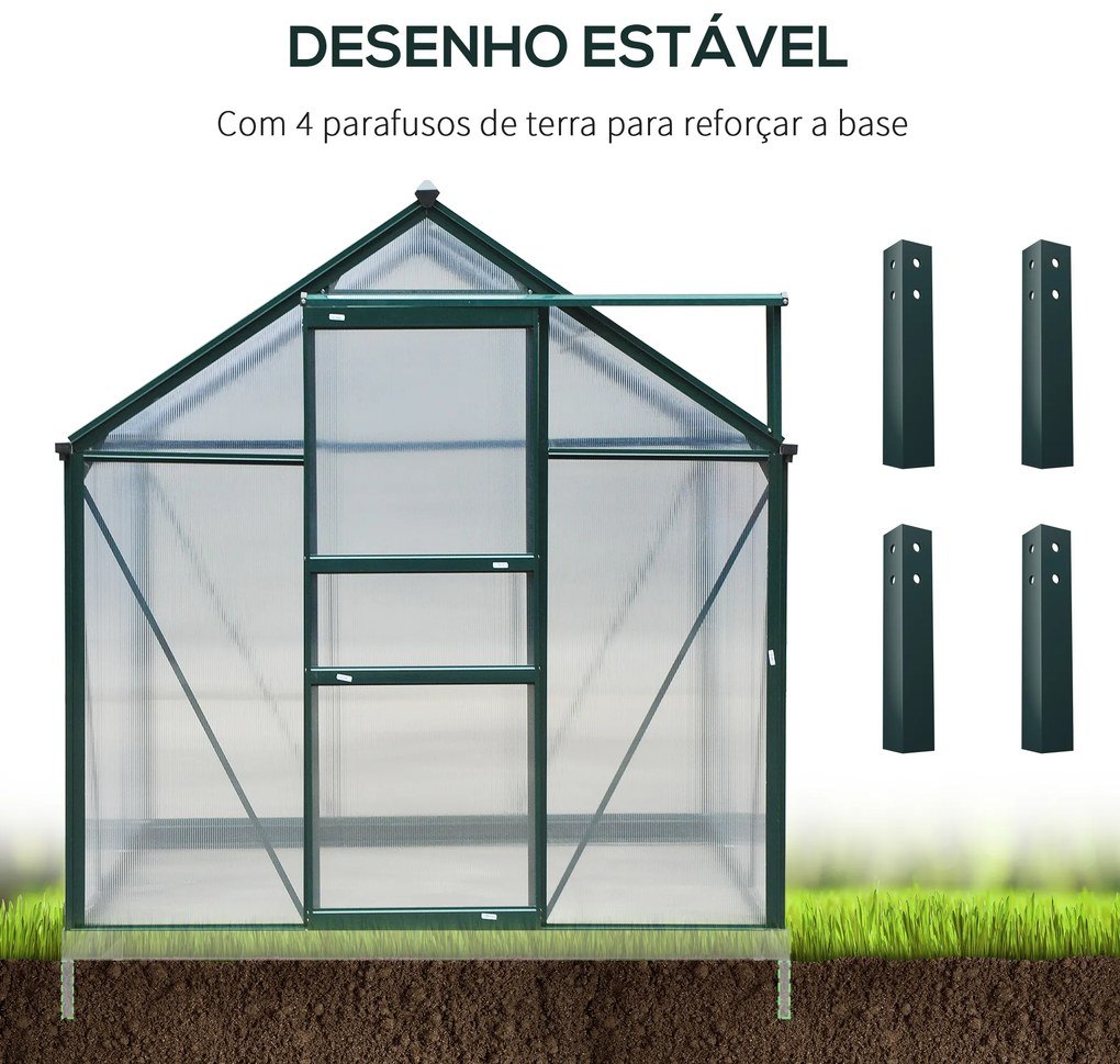 Outsunny Estufa de Jardim 2x2,5m de Policarbonato e Alumínio Estufa com Clarabóia Proteção UV 30 e Base 4,79 m² para Vasos Cultivos de Plantas e Flores Transparente