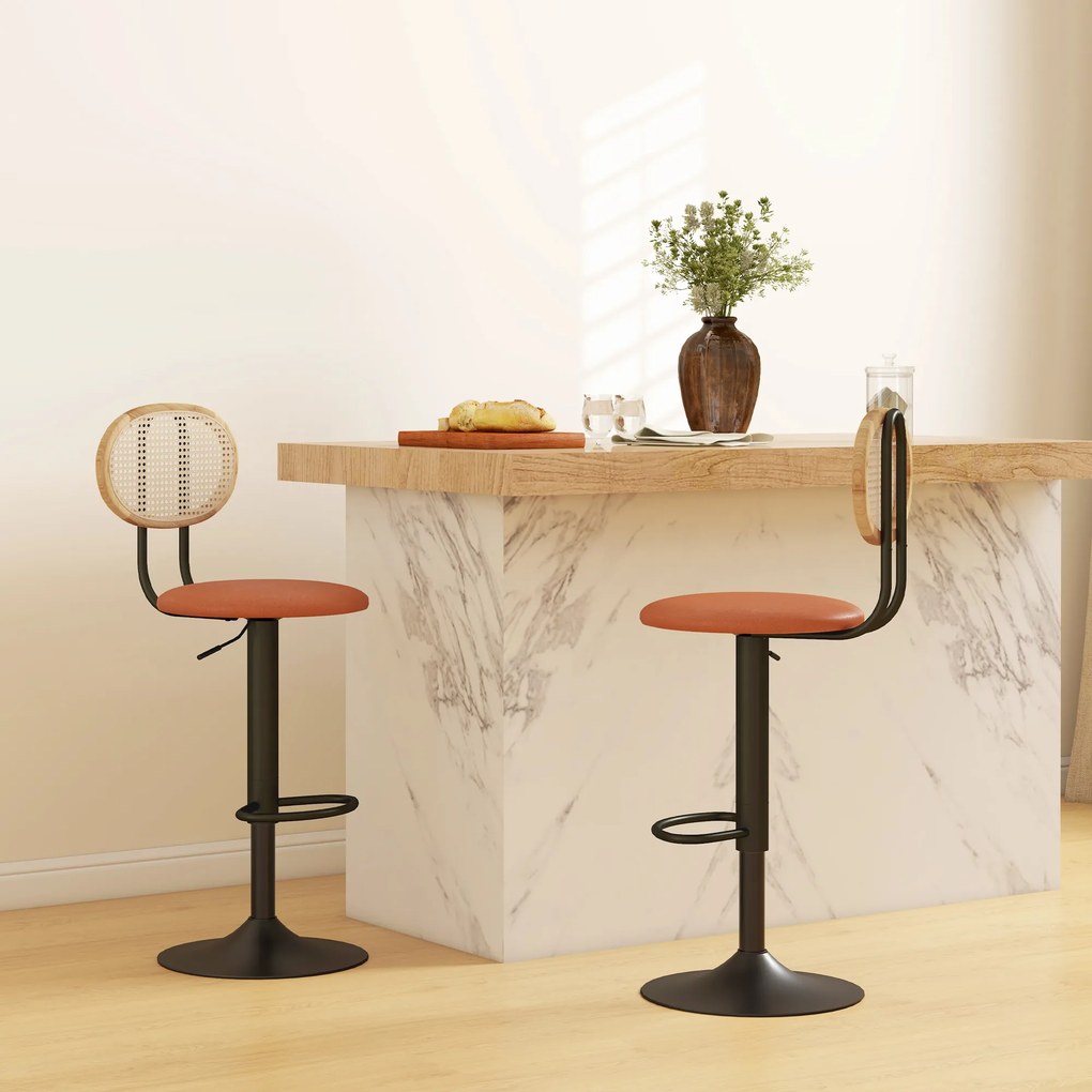 Conjunto de 2 bancos de bar com altura ajustável 40,5 x 52 x 92-113,5 cm, encosto em rattan e apoio para os pés, castanho