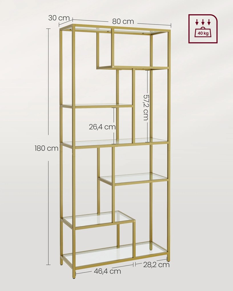 Estante com 6 prateleiras 30 x 80 x 180 cm dourado-transparente