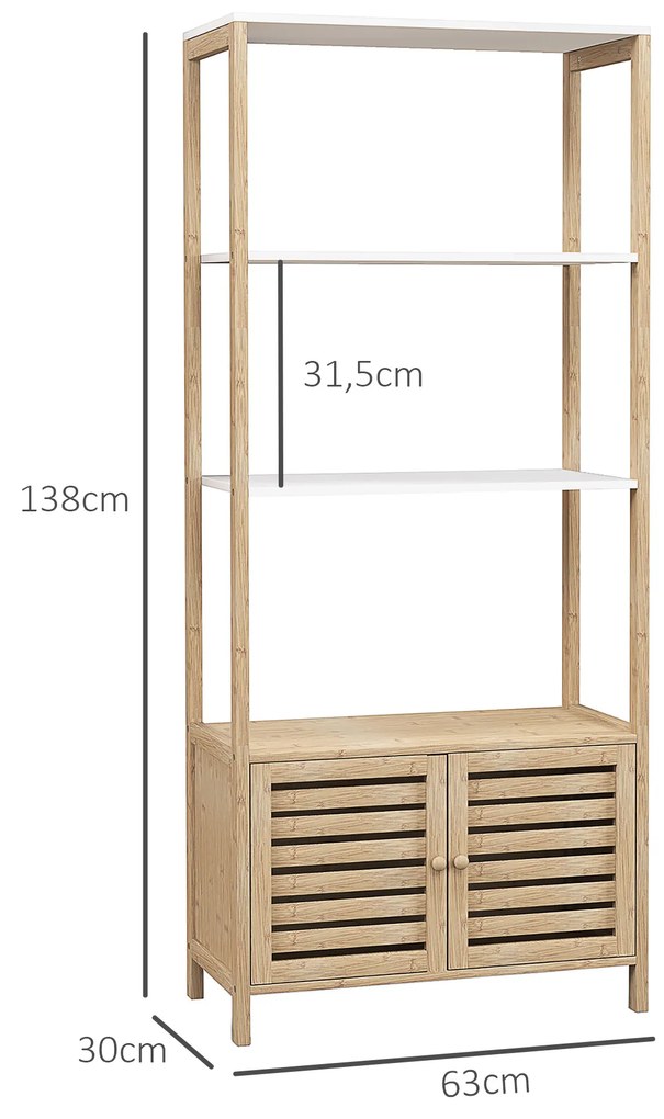 Estante para Casa de Banho de Bambu com 3 Prateleiras Abertas Estante de Arrumação Casa de Banho com Portas Ripadas 63x30x138 cm Madeira e Branco