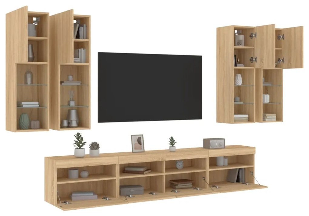 vidaXL 7 pcs conj. móveis de parede p/ TV c/ luzes LED carvalho sonoma