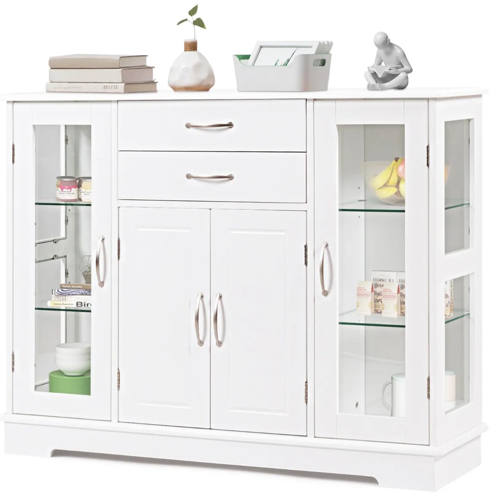 Aparador com Portas de Vidro Temperado com 2 Gavetas Organizador de Cozinha para Cozinha Jantar Sala de Estar 107 x 30 x 82 cm Branco