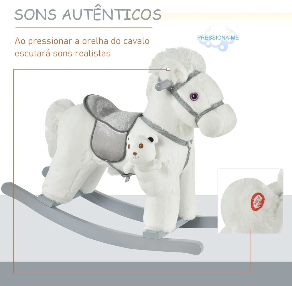 Cavalo Baloiço para Crianças de 18-36 Meses Cavalo de Balançar com Ursinho de Pelúcia Sons de Relinchos e Galopes base de Madeira 65x26x55cm Branco