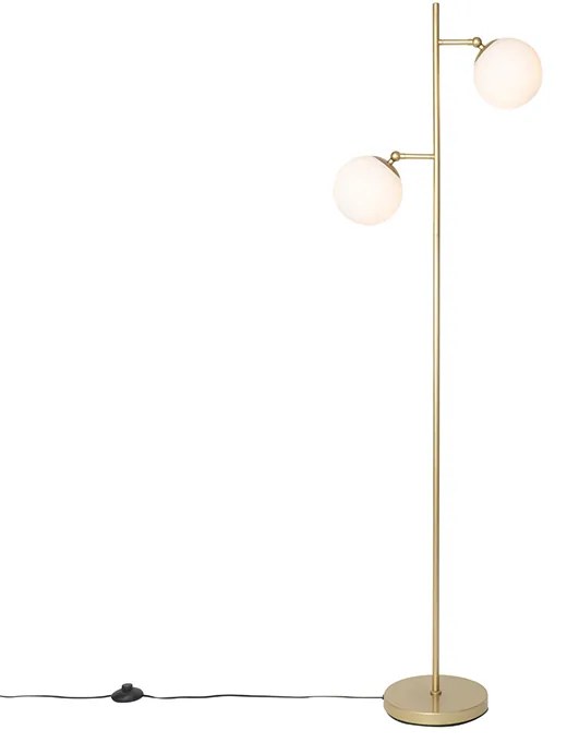 Candeeiro de pé Art Déco dourado com vidro opalino 2 luzes - Pallon Art Deco