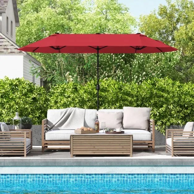 Guarda-sol duplo para jardim com base recarregável, manivela e 12 hastes de alta resistência Vermelho