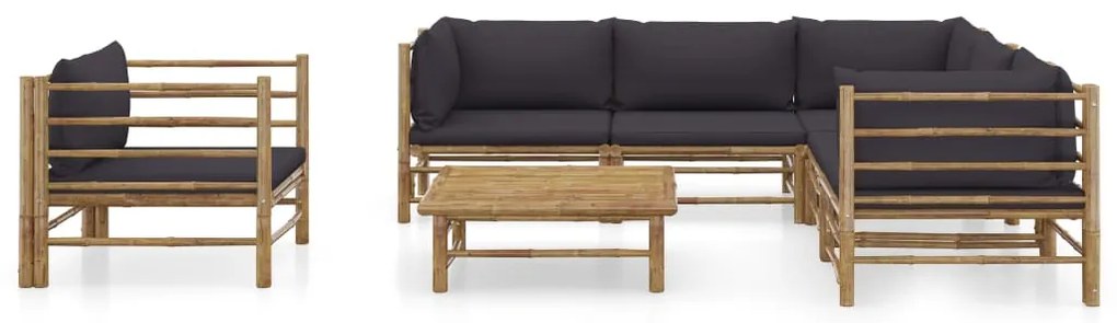 7 pcs conj. lounge jardim em bambu c/ almofadões cinza-escuro