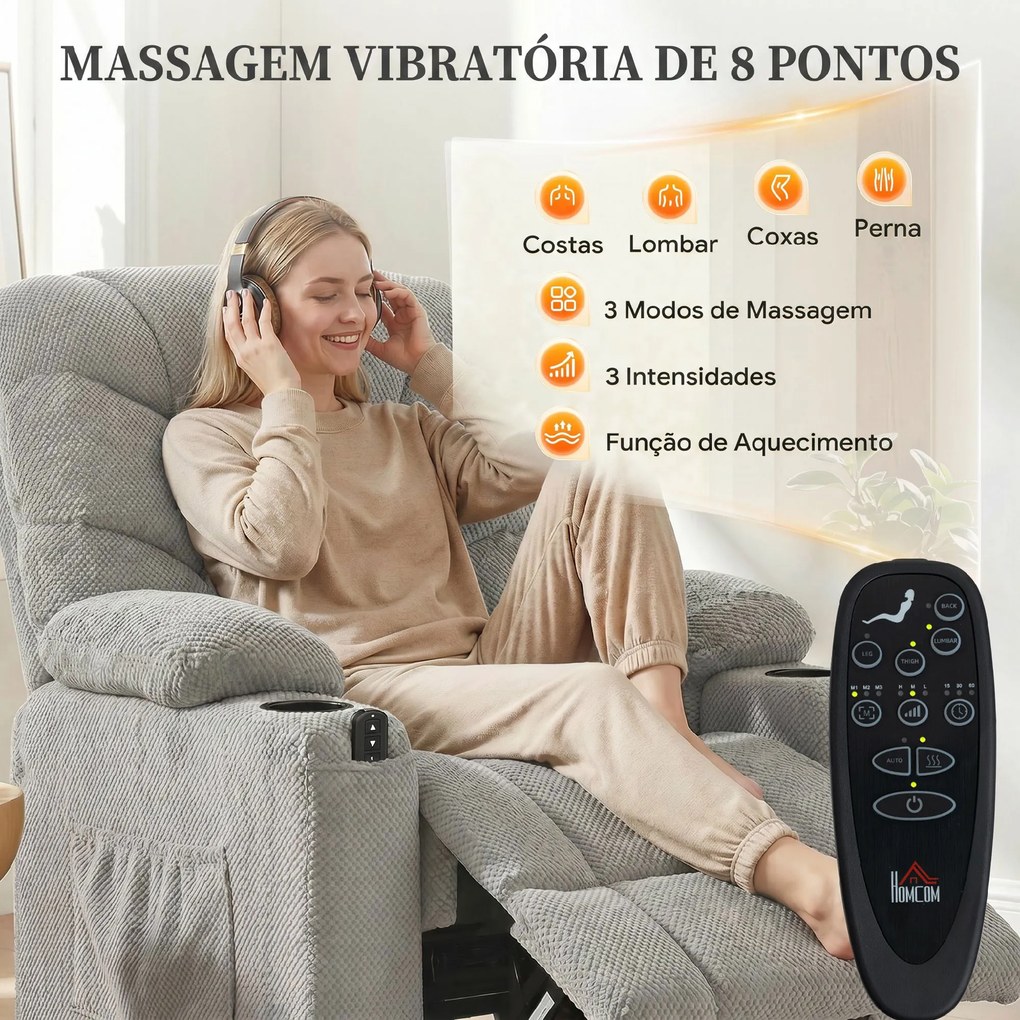 Poltrona Relax Elétrica Reclinável com Calor Lombar Massagem Vibratória Motor Silencioso Função Memória USB Cinza