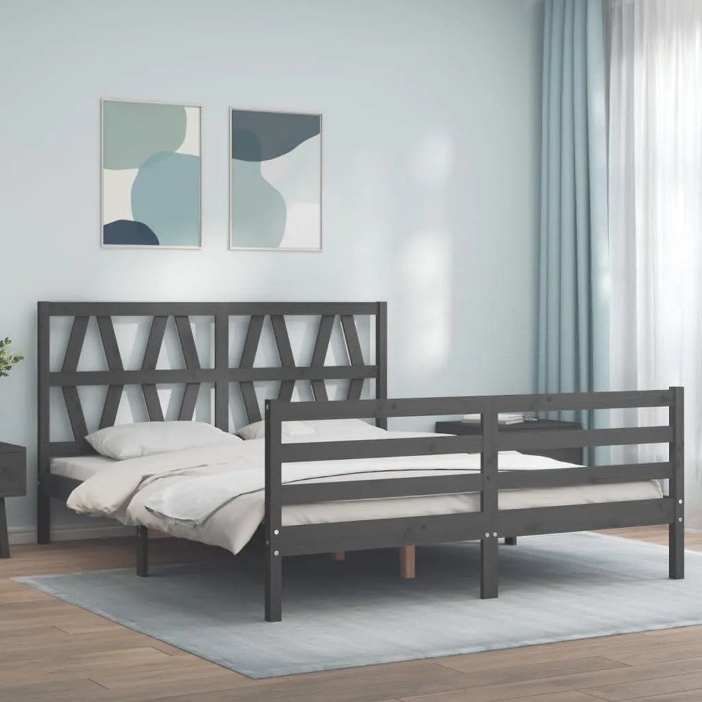 vidaXL Estrutura de cama King Size com cabeceira madeira maciça cinza