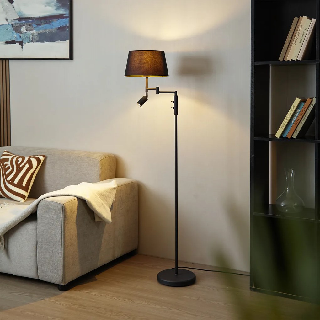 Candeeiro de pé preto com abajur preto e candeeiro de leitura ajustável - Ladas