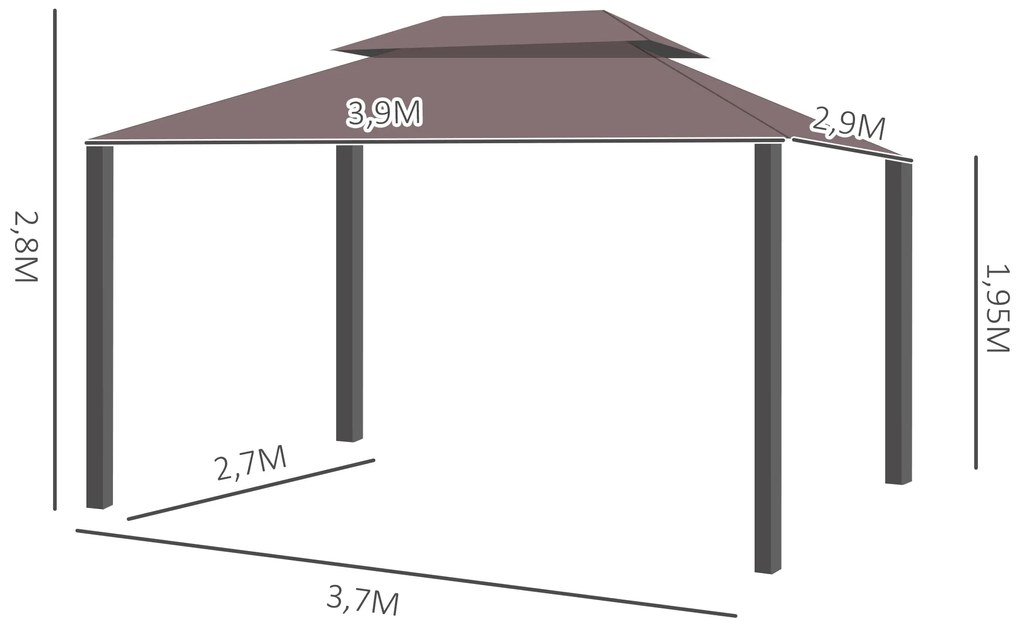 Pérgola de Jardim 3,9x2,9m de Alumínio com Teto de Ventilação 4 Cortinas Laterais Tela Mosquiteira e 8 Orifícios de Drenagem para Exterior Pátio Festa