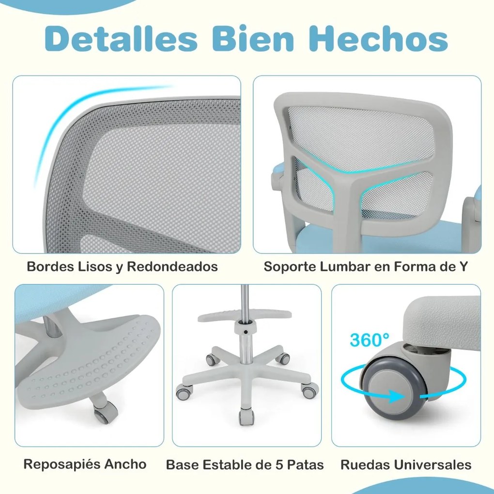 Cadeira de escritório para crianças com apoios de braços, apoio para os pés e rodas universais com altura ajustável 57 x 55 x 80-91 cm Azul
