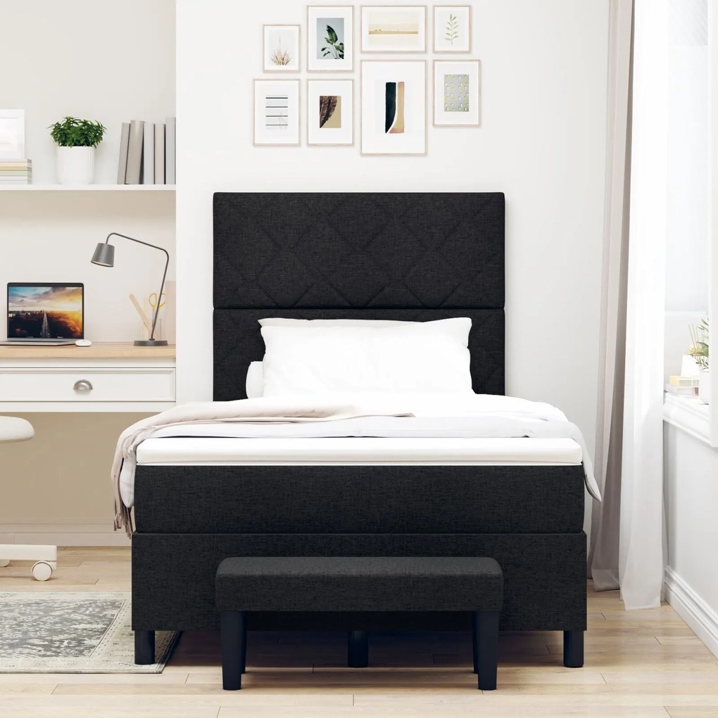 Cama Box com colchão e banco preto 120x200 cm tecido