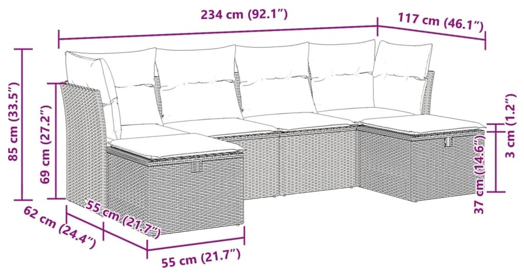 6 pcs conj. sofás jardim com almofadões vime PE cinzento-claro