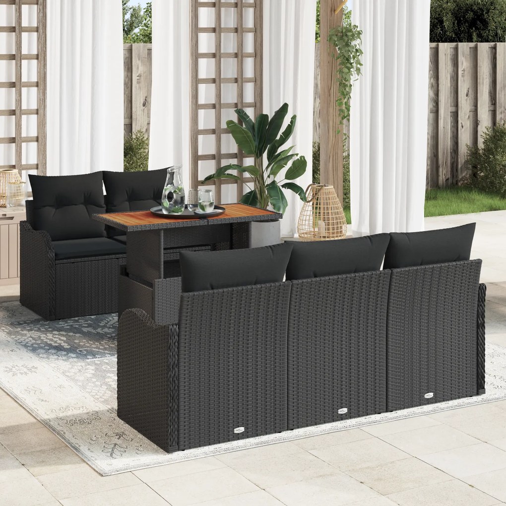 Conjunto de Sofá de Jardim vidaXL de 6 Peças com Almofadas Preto Rattan Poliéster