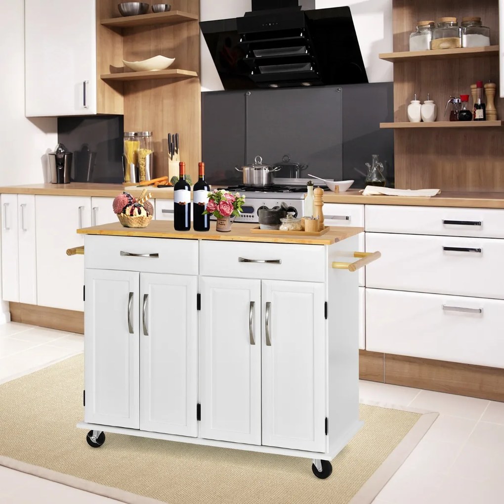 Carrinho para ilha de cozinha com tampo de madeira Estantes ajustáveis 2 gavetas grandes 122 x 48 x 92,5 cm Branco
