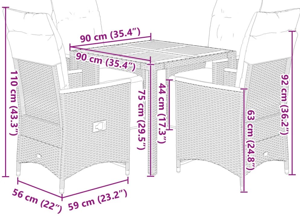 5 pcs conjunto bistrô de jardim c/ almofadões vime PE preto